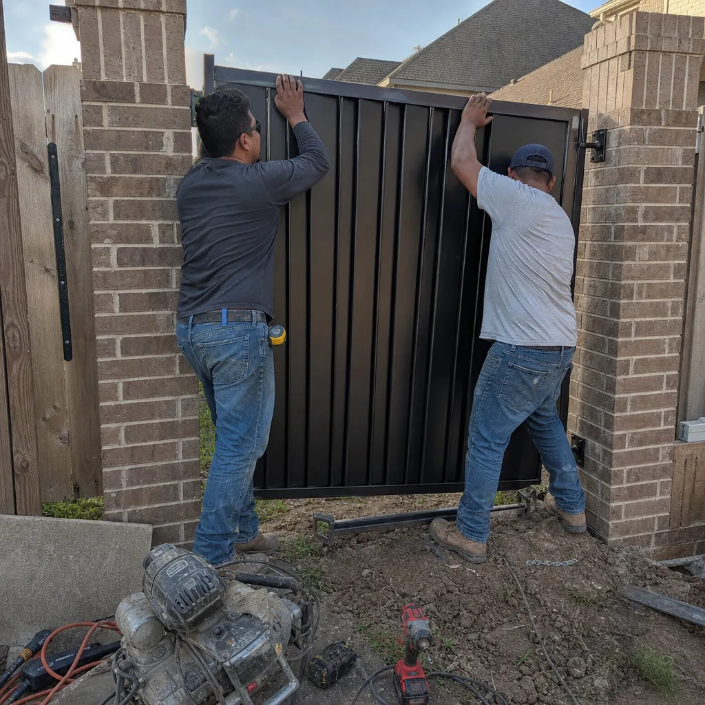 Two professional workers installing a black metal gate between brick pillars.