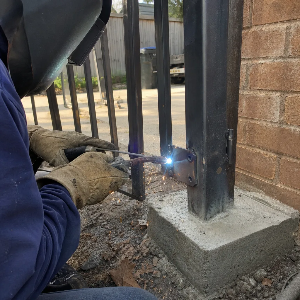 Professional welder performing gate repair and metal fence installation