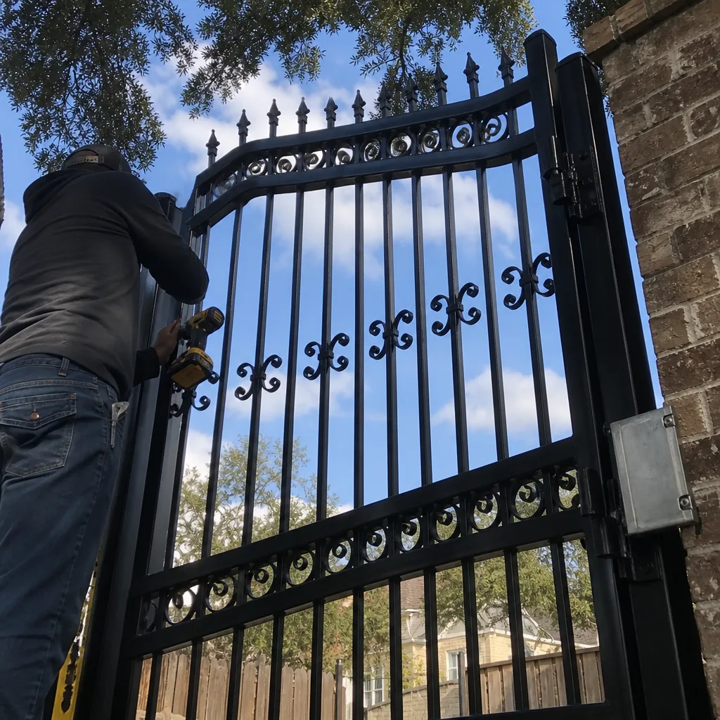 Professional technician installing a black wrought iron metal gate