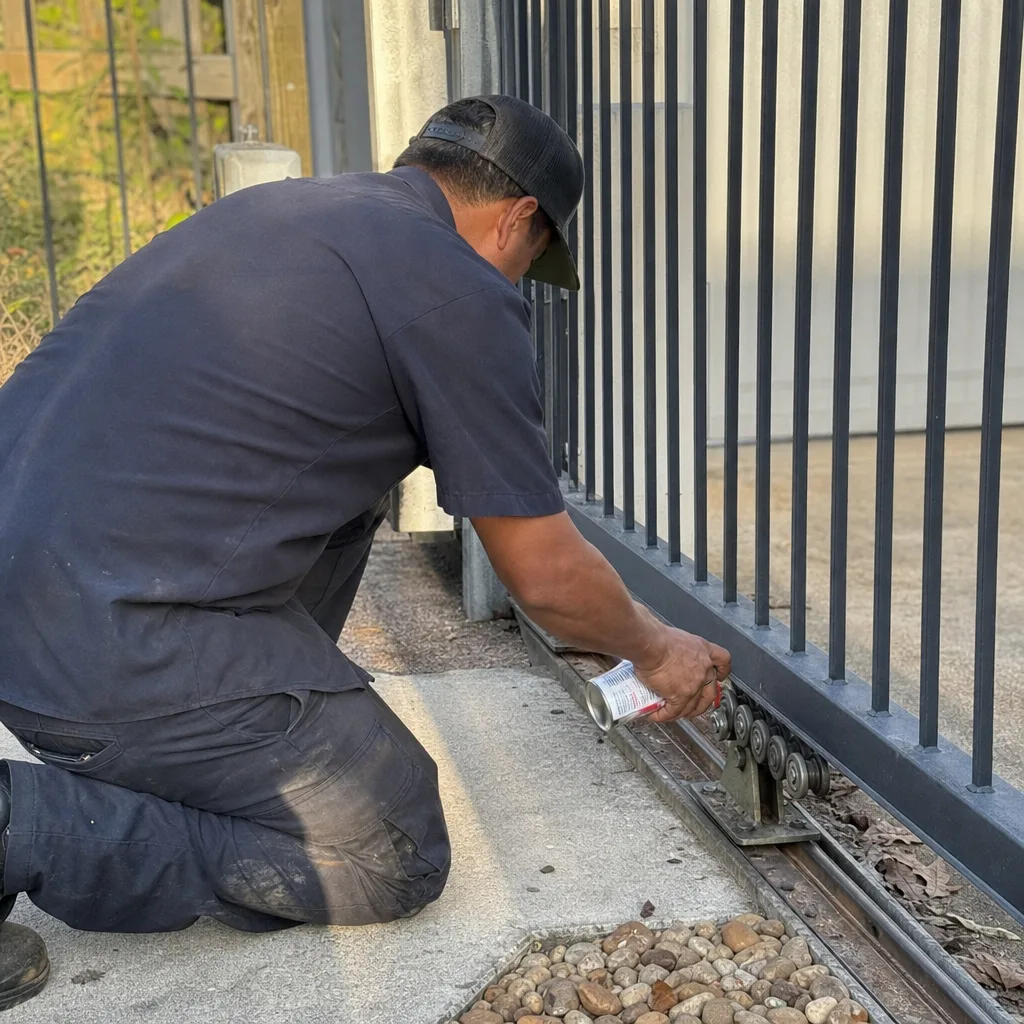 Technician performing professional sliding gate maintenance and roller repair
