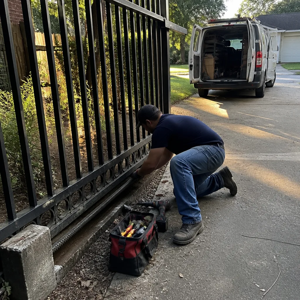 Professional technician performing gate motor repair on a metal driveway gate