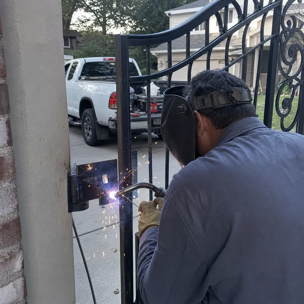 Professional welder performing metal gate hinge repair